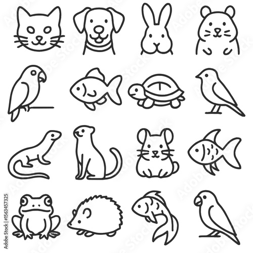 Pet Icons Collection. Line style icons of common pets: cat, dog, rabbit, hamster, parrot, goldfish, turtle, guinea pig, lizard,