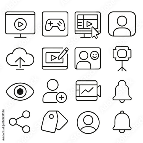 Video Content Icons. Line style icons of video content creation: screen record, game stream setup, video editor, facecam icon,