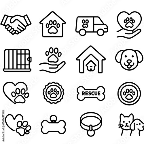 Pet Adoption Icons. Line style icons of pet adoption and rescue: adoption handshake, shelter home, pet rescue van, rescued animal,