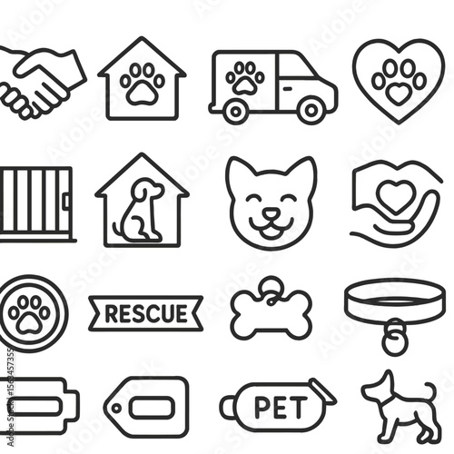 Pet Adoption Icons. Line style icons of pet adoption and rescue: adoption handshake, shelter home, pet rescue van, rescued animal,