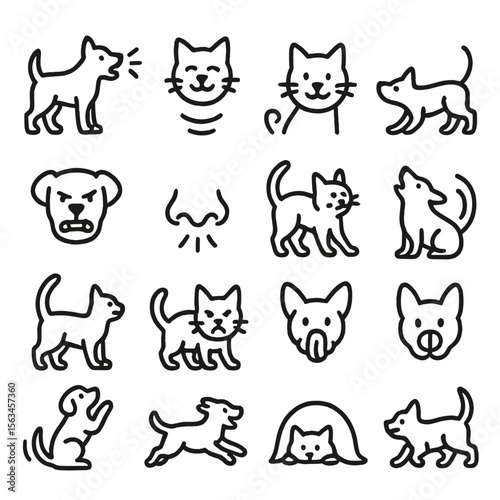 Pet Behavior Icons. Line style icons of pet behavior: barking dog, meowing cat, purring icon, wagging tail, growling face,