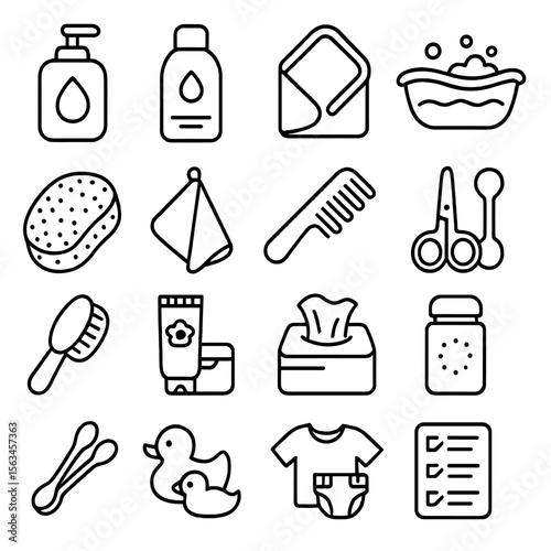 Baby Hygiene Essentials. Line style icons of baby hygiene: baby soap, shampoo, baby towel, baby bathtub, sponge, washcloth, comb,