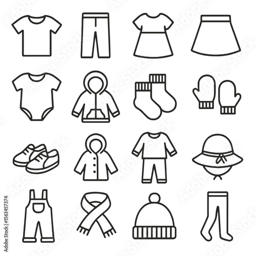 Children's Clothing Icons. Line style icons of children’s clothing: t-shirt, pants, dress, skirt, baby romper, hoodie, socks,