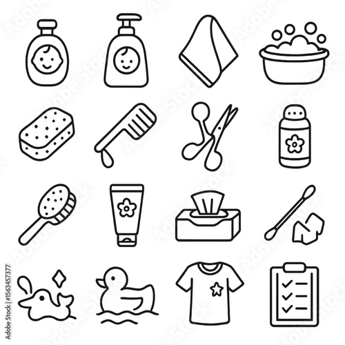 Baby Hygiene Essentials. Line style icons of baby hygiene: baby soap, shampoo, baby towel, baby bathtub, sponge, washcloth, comb,