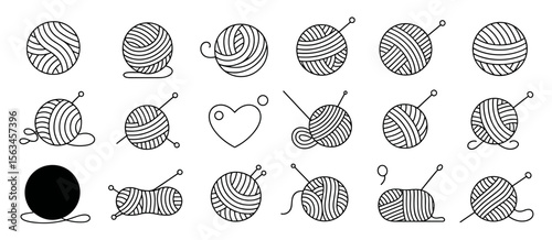 Line art set of yarn balls with needles for knitting and crafting hobby.