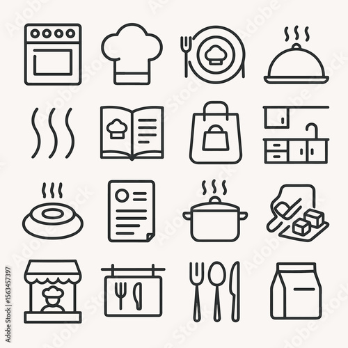 Line Style Kitchen Icons. Line style icons of restaurant and kitchen: kitchen stove, chef hat, restaurant logo, food tray, steam