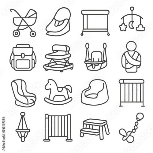 Baby Gear Icons. Line style icons of baby gear: stroller, baby bouncer, playpen, crib mobile, diaper bag, baby walker, swing seat,