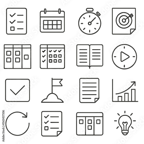 Productivity Tools Icons. Line style icons of productivity tools: task list, calendar planner, time tracker, goal sheet, kanban