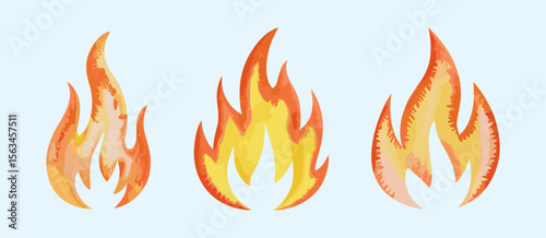 Watercolor flames set, fire elements, orange, yellow, fiery concept, danger, heat