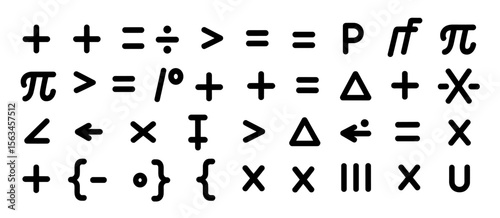 Mathematics symbols set, black shapes, arithmetic, equation, plus, minus, pi