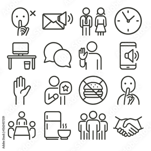Office Etiquette Icons. Line style icons of office etiquette: silence sign, email tone, dress code, punctuality icon, clean desk,