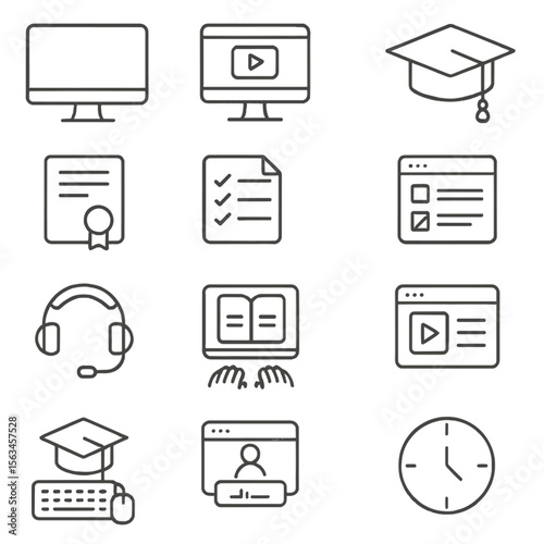 Online Learning Icons. Line style icons of online learning basics: computer monitor, online course, video lecture, graduation cap,