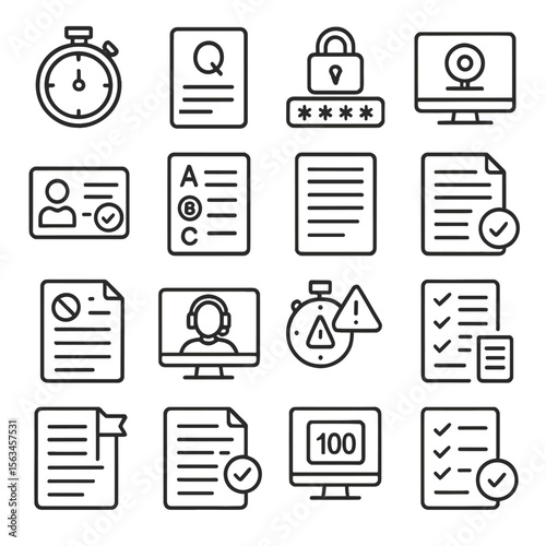 Virtual Exam Icons. Line style icons of virtual exams: exam timer, question card, secure login, webcam monitor, ID verification,