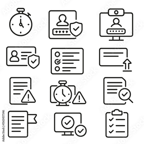 Virtual Exam Icons. Line style icons of virtual exams: exam timer, question card, secure login, webcam monitor, ID verification,