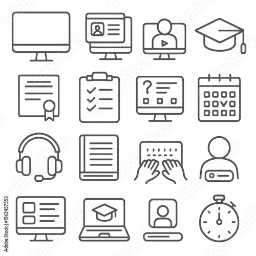 Online Learning Icons. Line style icons of online learning basics: computer monitor, online course, video lecture, graduation cap,