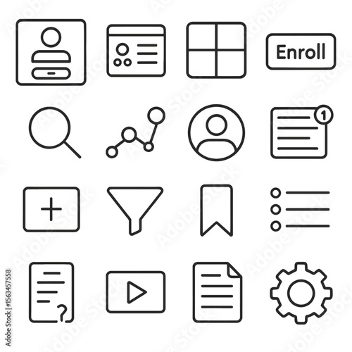 E-learning Icons Showcase. Line style icons of learning platforms: login page, dashboard icon, course library, enroll button,