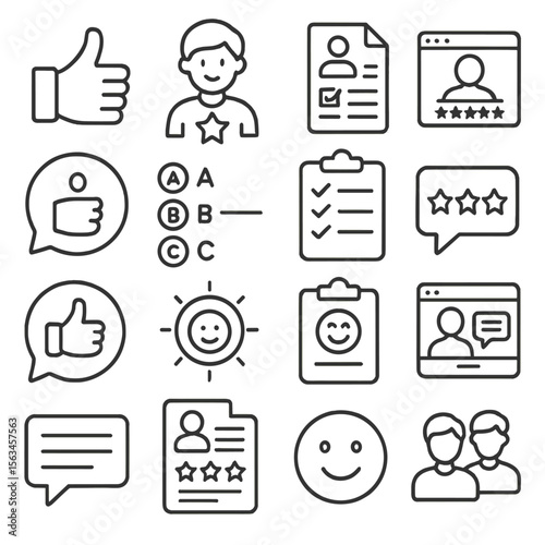 Student Feedback Icons. Line style icons of student feedback and review: thumbs up, star review, feedback form, course rating,