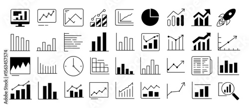 Data analytics charts, diagrams, graphs, business statistics, growth analysis, finance report, data visualization elements, analytics icons