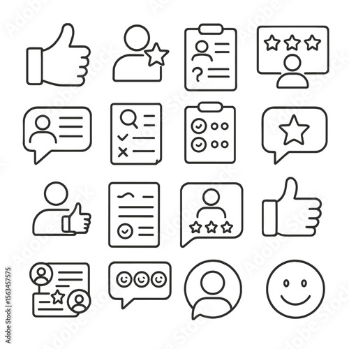 Student Feedback Icons. Line style icons of student feedback and review: thumbs up, star review, feedback form, course rating,