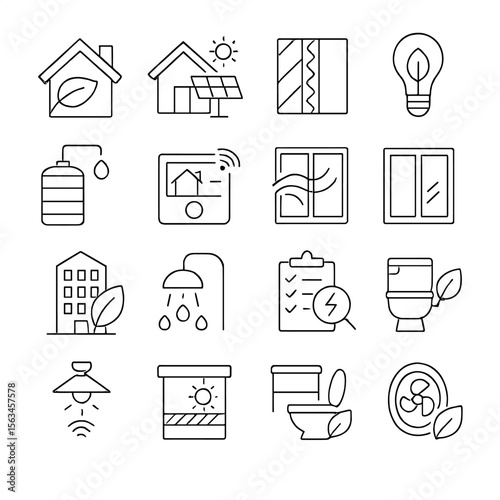 Eco-Friendly Home Icons. Line style icons of eco home: green roof, solar home, insulated wall, LED light, rainwater tank, smart