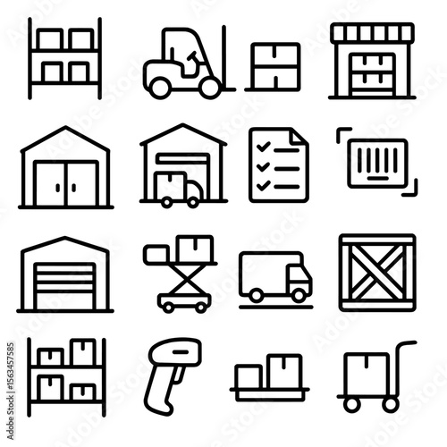 Warehouse Line Icons. Line style icons of warehouse and storage: shelves icon, forklift truck, storage unit, pallet stack,