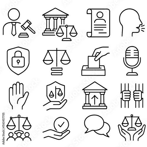 Legal Rights Icons. Line style icons of legal rights: right to counsel, fair trial icon, human rights scroll, free speech icon,