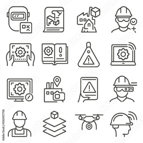 Industrial AR_VR Icons. Line style icons of industrial AR/VR use: AR welding mask, assembly guide, digital twin, safety overlay,