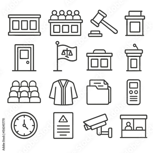 Courtroom Icon Set. Line style icons of courtroom elements: court bench, jury icon, judge gavel, attorney stand, courtroom door,