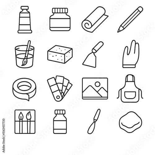 Art Supplies Icons. Line style icons of art supplies: tube of paint, jar of ink, canvas roll, sketch pencil, brush cleaner, sponge