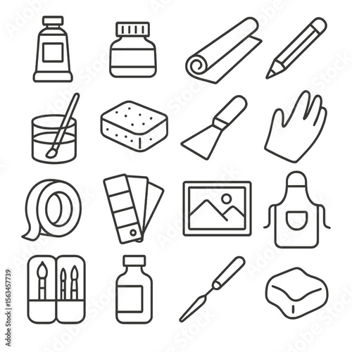 Art Supplies Icons. Line style icons of art supplies: tube of paint, jar of ink, canvas roll, sketch pencil, brush cleaner, sponge
