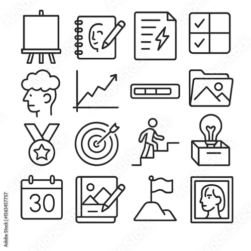 Art Challenge Icons. Line style icons of art challenges and progress: blank canvas, daily sketch icon, prompt sheet, goal tracker,