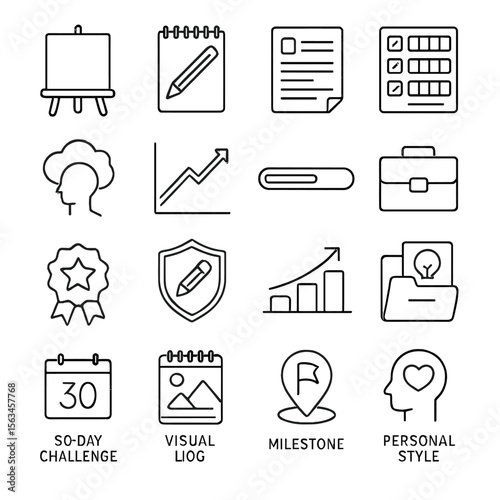 Art Challenge Icons. Line style icons of art challenges and progress: blank canvas, daily sketch icon, prompt sheet, goal tracker,