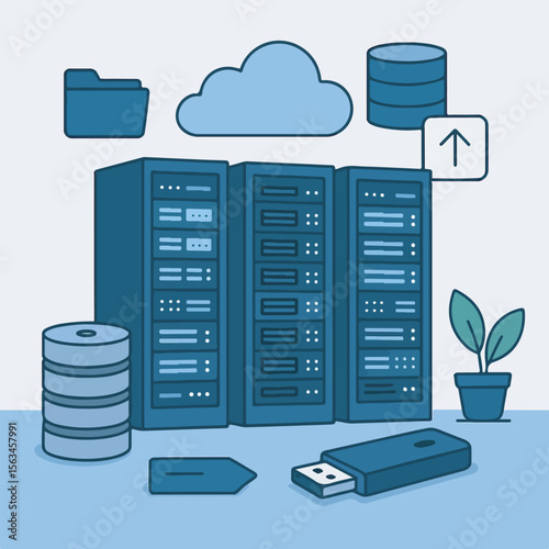 Cloud computing concept with a laptop connected to a 3D web network server in a datacenter, illustrating business technology and data communication