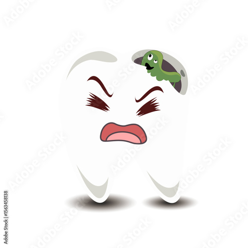 white teeth that have a hole with a sore expression are equipped with green germs that are in the tooth hole