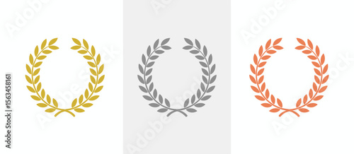Set of metallic laurel wreaths: gold, silver, bronze, award icons, success concept