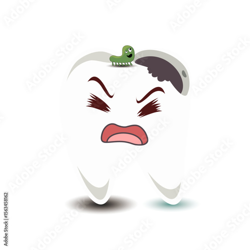 white teeth that have a hole with an expression of pain equipped with green germs are walking towards the hole