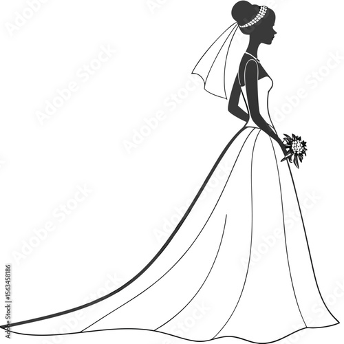 Elegant Bride Silhouette: Wedding Dress, Veil, Bouquet Illustration