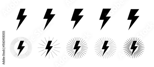Set of ten lightning bolt icons, black energy power symbols design element
