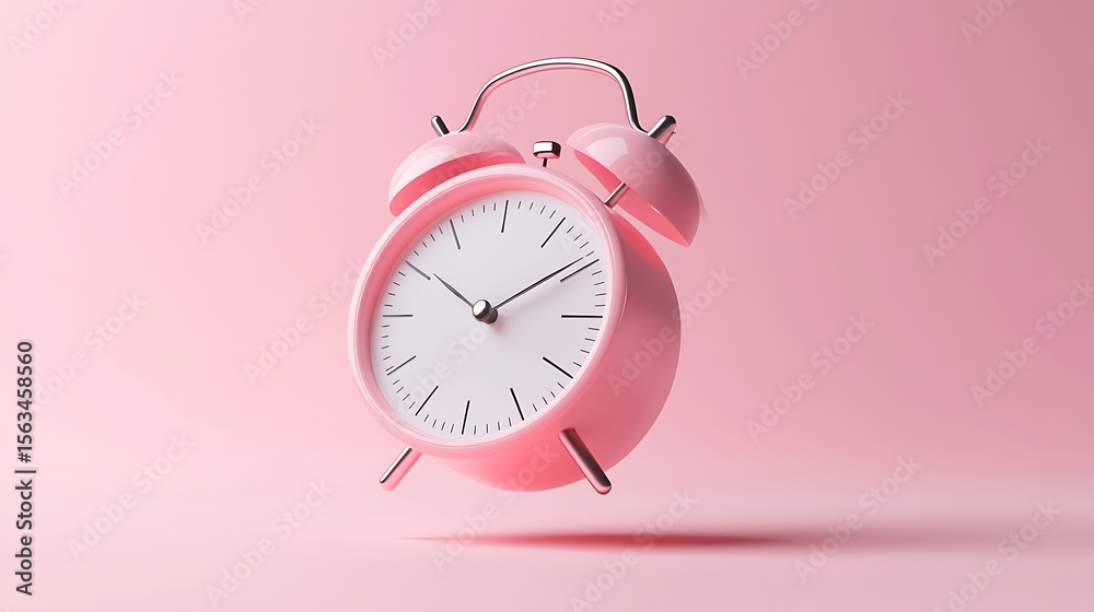 Pink Alarm Clock on Pink Background, White Face and Steel Accents, Floating Style Pink Alarm Clock on Pink Background, White Face and Steel Accents, Floating Style