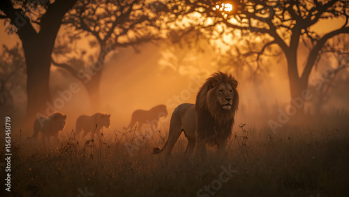 Wallpaper Mural Majestic Male Lion in Misty Forest at Sunset – Dramatic Light Through Trees with Lion Pride Torontodigital.ca