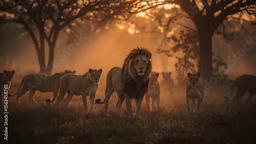 Wallpaper Mural Majestic Male Lion in Misty Forest at Sunset – Dramatic Light Through Trees with Lion Pride Torontodigital.ca