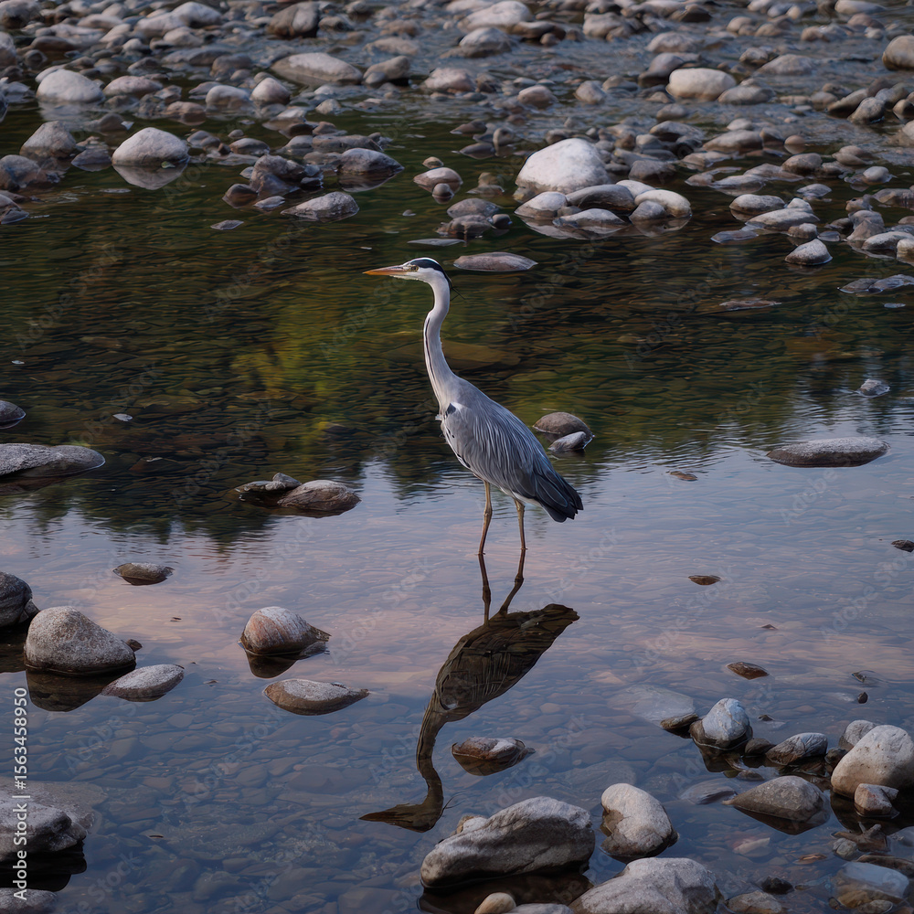 Obraz premium Heron Bird Standing on Rocky Riverbed in Clear Water
