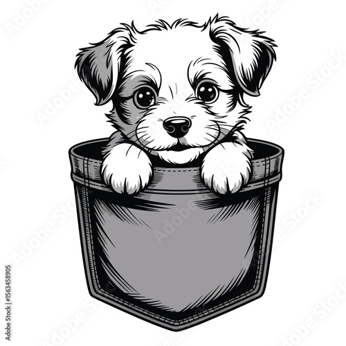 Black and white vector illustration of a cute puppy peeking from a large denim jacket pocket with fluffy fur
