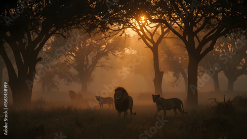 Wallpaper Mural Majestic Male Lion in Misty Forest at Sunset – Dramatic Light Through Trees with Lion Pride Torontodigital.ca