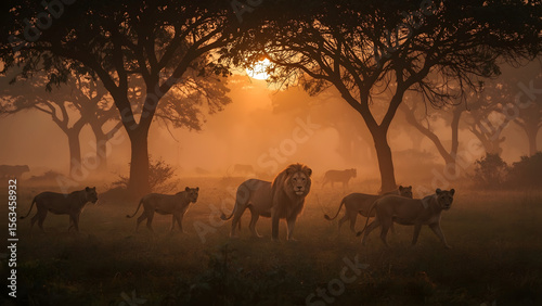 Wallpaper Mural Majestic Male Lion in Misty Forest at Sunset – Dramatic Light Through Trees with Lion Pride Torontodigital.ca