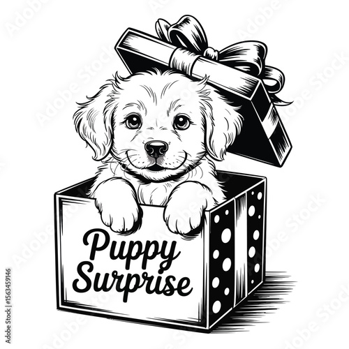 Black and white vector illustration of a fluffy golden retriever puppy inside a decorated gift box with festive wrapping and bow