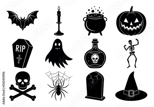 Haunted Halloween Silhouette 12 Elements Set – Ghost, Cauldron, Potion & More