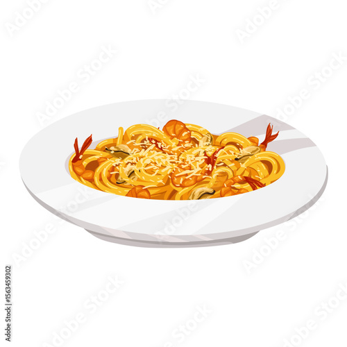 Cartoon vector illustration of Italian pasta with seafood, shrimp, mussel, cheese. Hand drawn food art for menu design, culinary ads, recipe visuals, stickers, food packaging