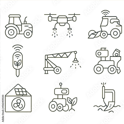 Smart Farming Icons. Line style icons of smart farming equipment: autonomous tractor, drone sprayer, GPS harvester, soil sensor,