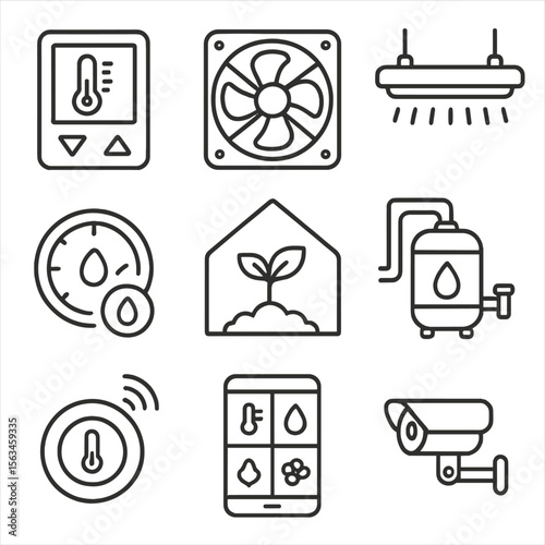 Greenhouse Automation Icons. Line style icons of greenhouse automation: temperature controller, ventilation fan, light spectrum